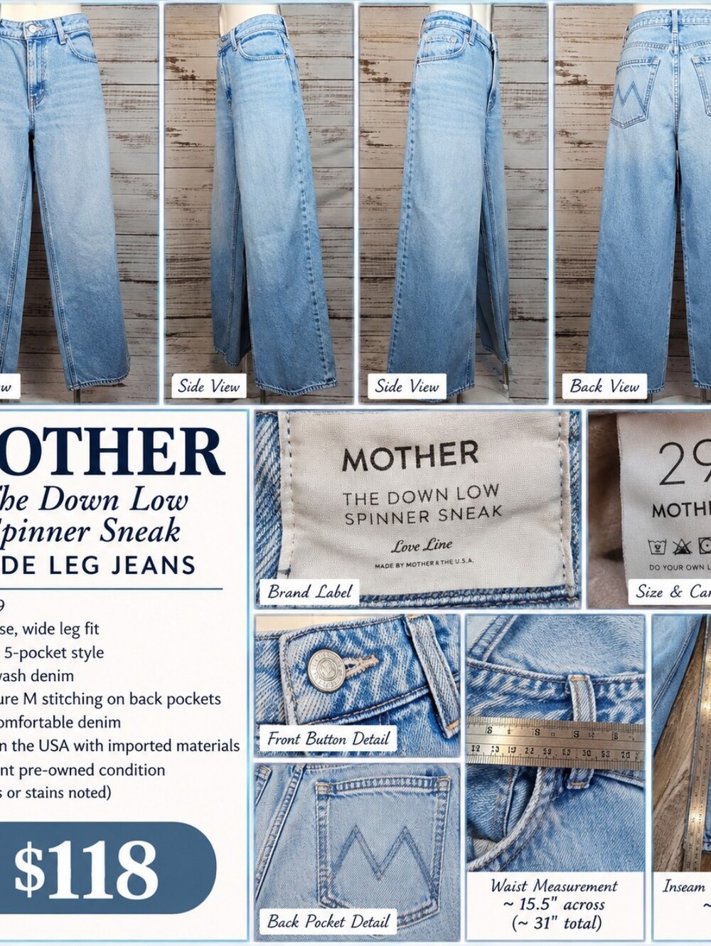 MOTHER The Down Low Spinner Sneak Wide Leg Jeans Size 29 Light Wash